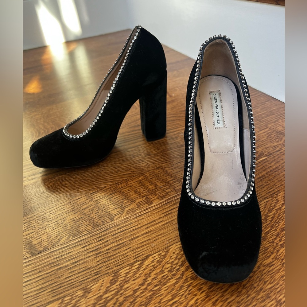 DRIES VAN NOTEN Velvet‎ Pumps Block Heels Rhinestones Whimsigoth Italy 36 5.5